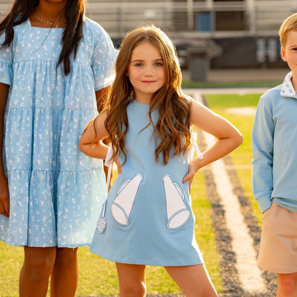 The Yellow Lamb Girls Game Day Jumper Dress Cheer Megaphone Pockets Blue Size 3